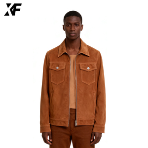 旭飞原创设计师高品质定制纽扣夹克复古奢华拉链休闲棕色麂皮夹克男士复古夹克 - Product Image 2
