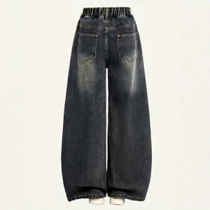 Jeans à jambes larges pour enfants et adolescentes, denim vintage, coupe ample, fermeture éclair, pantalon long - Product Image 2