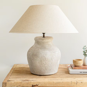 Hamo Vase Lamp White/<b>Light</b> Fawn Water Jug Table Lamp Mottled Beige Weathered Vintage Wabi Sabi Fabric Decorative Art Deco - Product Image 1