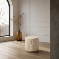 Table d'appoint moderne minimaliste en résine beige peinte, table de chevet cylindrique imitation pierre, base dorée, mobilier de maison, chambre, salon