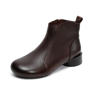 Bottes courtes vintage de luxe en cuir de vachette multicouche à talon épais et cylindre bas, nouvelle collection automne, <span class=keywords><strong>chaussures</strong></span> <span class=keywords><strong>pour</strong></span> mères, fermeture éclair latérale, couleur unie - Product Image 5
