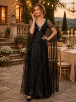 Robe de soirée noire à sequins et perles, col en V, manches cape, accent perles, coupe trapèze, longueur ras du sol, robe de soirée formelle, vente en gros