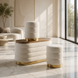 Modern Luxury Boucl&eacute; Pleated Stool Set with Wood Top Round Ribbed Ottoman Gold Base Long <strong>Bench</strong> for Living Room Bedroom Furniture - Product Image 1