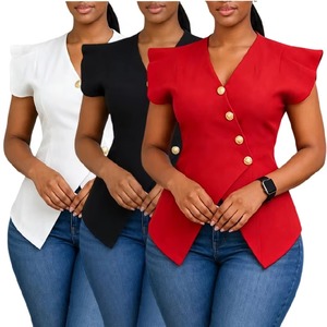 D3376 Maßgeschneiderte Sommerblusen für Damen Elegante Kurze Rüschenärmel V-Ausschnitt Schlanke Blusen Damen Büro-Oberteile für Frauen - Product Image 1