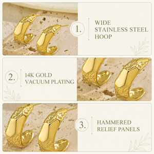 Boucles d'oreilles demi-cercle larges martelées en acier inoxydable plaqué or 14K sous vide, bijoux texturés épais et imposants - Product Image 3