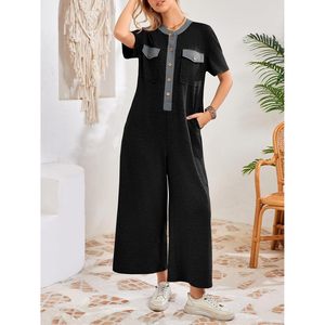 Mono casual holgado de verano para mujer, de manga corta, cuello en V, con botones, pierna ancha, de una pieza, color liso, pantalón largo. - Product Image 5