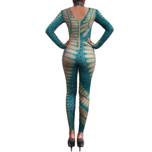 Fashion Stretch Skinny <strong>Long</strong> <strong>Sleeves</strong> <strong>Rhinestones</strong> Spandex <strong>Bodysuit</strong> Women Bodycon Rompers Plus Size Club Party One Piece Jumpsuit