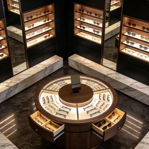Ensemble d'agencements de magasin d'optique de luxe personnalisable avec éclairage LED en verre trempé, design durable - Meubles muraux ronds pour îlot central - Product Image 3