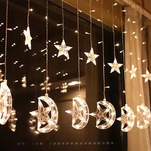 Светодиодная романтическая Гирлянда-занавеска в виде луны и звезд, сказочный Рождественский светильник Diwali, Рамадан, торгового центра, сада, патио, Декоративная гирлянда с 8 функциями