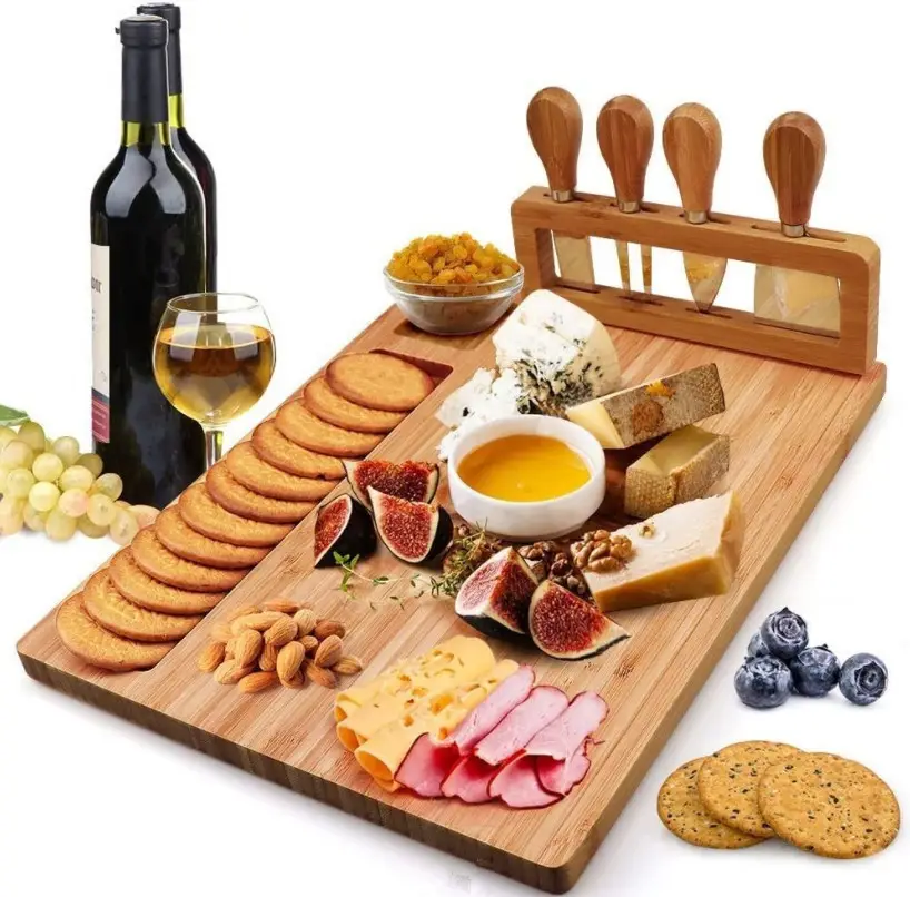 Plateau multifonctionnel en bambou, planche à fromage et ensemble de couteaux, planche à découper en bois, plateau avec couverts