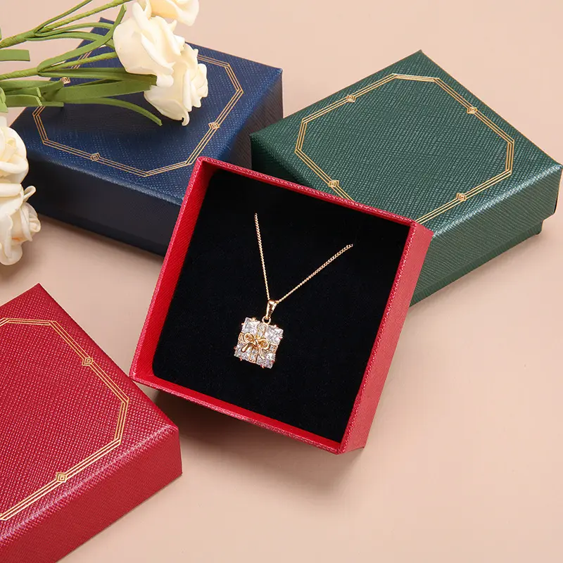 Caixa de presente laminada com forro de esponja, embalagem para anel de luxo em ouro rosado, embalagem para joias com forro de esponja, azul e vermelho