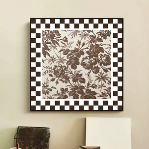 Retro Floral Wall Art Oil Canvas Painting <b>With</b> Checkerboard <b>Frame</b> For Living Room Bedroom Decor - Product Image 1
