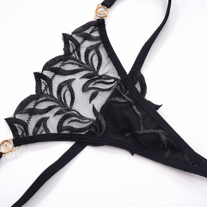 Black <b>Sexy</b> Lace Leaf Embroidery Lingerie <b>Set</b> Women Underwire Mesh Bra and Thong 2 Piece <b>Set</b> Ultra-thin See Through Underwear - Product Image 5