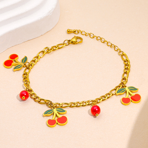 Conjuntos de joyería de moda de acero inoxidable 18K chapado en oro borla cereza encantos pulsera cubana - Product Image 4