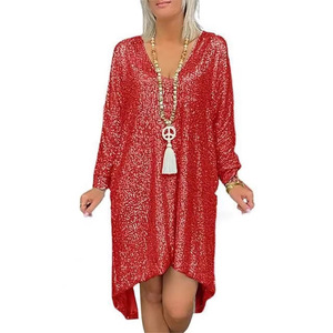 <b>Sequined</b> Shirt Dress V-Neck Asymmetric Loose Fit Cocktail Dress Gold Long Sleeve Women's Party Wear - Product Image 2