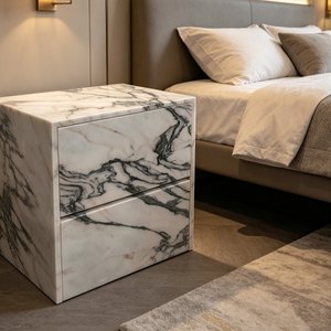 Comodino in Marmo Naturale Calacatta Viola, Tavolino da Notte Indipendente, Mobile Moderno per Camera da Letto con Spazio di Archiviazione per Villa e Hotel - Product Image 1
