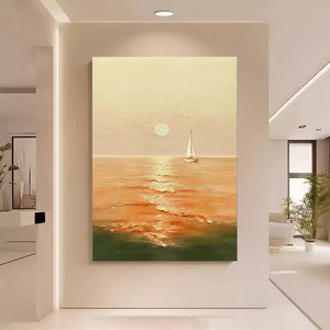 Pintura al óleo pintada a mano, cuadro rectangular impresionista con escena de velero al atardecer, arte de pared minimalista moderno para sala de estar y entrada - Product Image 1