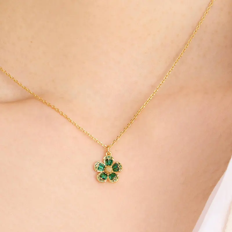 Milskye Thời Trang Mới Thanh Lịch 925 Sterling Silver 18K Vàng Ngọc Lục Bảo Zircon Hoa Mặt Dây Chuyền Vòng Cổ Cho Phụ Nữ