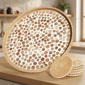 Plateau rond en rotin moderne de 13,8 pouces avec incrustation de nacre, plateau de rangement à un seul niveau, décoration de salon, utilisation en cuisine - Product Image 3