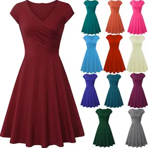Summer and Autumn Short Sleeve Solid Color Slim Swing Dress V-neck Retro Lady Pleated Skirt Temperament Over the Knee Dress