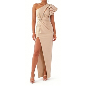 Vestido Maxi de un Solo Hombro con Volantes para Mujer, Vestido Ajustado con Abertura Frontal para Eventos Formales y de Noche - Product Image 3