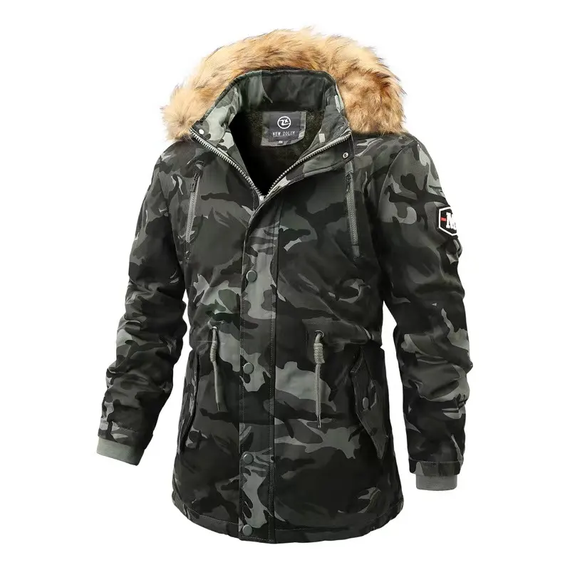 Jinteng Men's Camouflage Down Jackets Winter Thick Warm Casual Slim Fur Collar Hooded Coats Windbreaker White Duck Down Overcoat