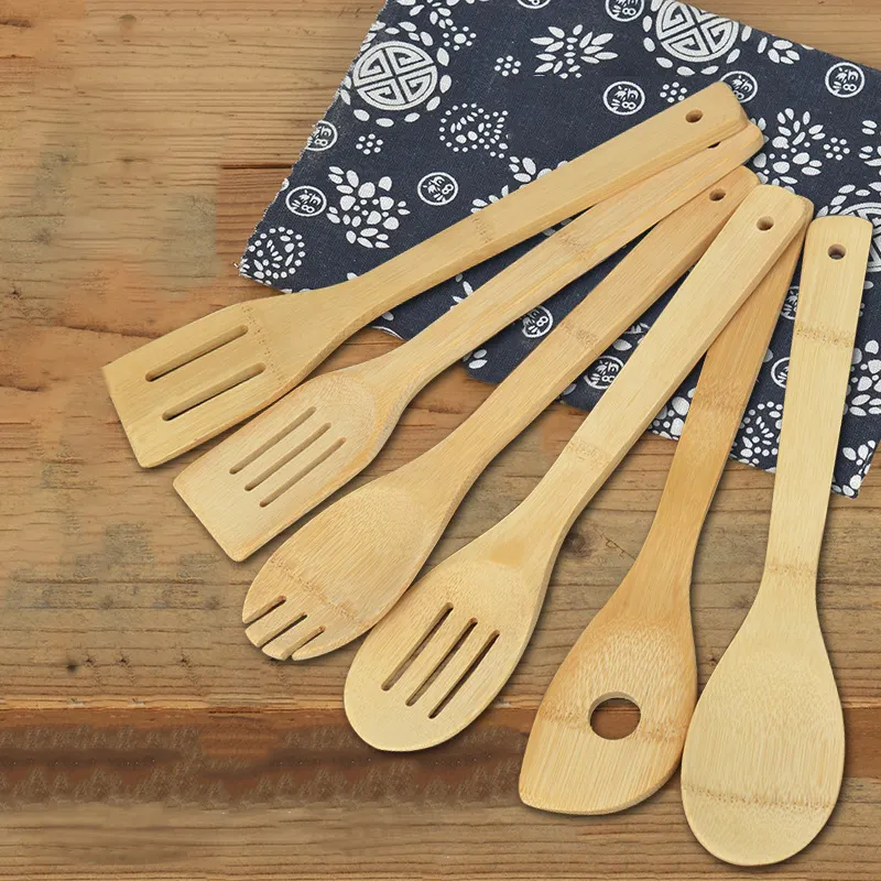Conjunto de utensílios de cozinha, kit de 6 peças de ferramentas de cozinha ecológicas, naturais, antiaderentes, colheres de madeira, espátula de bambu para cozinhar