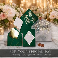 Suite d'invitations de mariage de luxe vert émeraude avec feuille botanique dorée, insert diamant, enveloppe en vélin et sceau de cire – Vente en gros