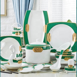 New Product 60 Pieces Luxury Green and Gold Chinese Home Decor Dining Room <b>Sets</b> Porcelain Dinnerware <b>Sets</b> - Product Image 3