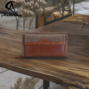 AndoBag RFID Waterproof Canvas + Genuine Cow Leather Clutch Bag for Men Large Capacity Purse Wallet Retro Coin Purses 1417