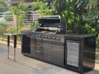 Îlot de cuisine extérieur modulaire en acier inoxydable noir 304 de qualité supérieure, grand barbecue au propane à 8 brûleurs, table latérale pliante pour les fêtes