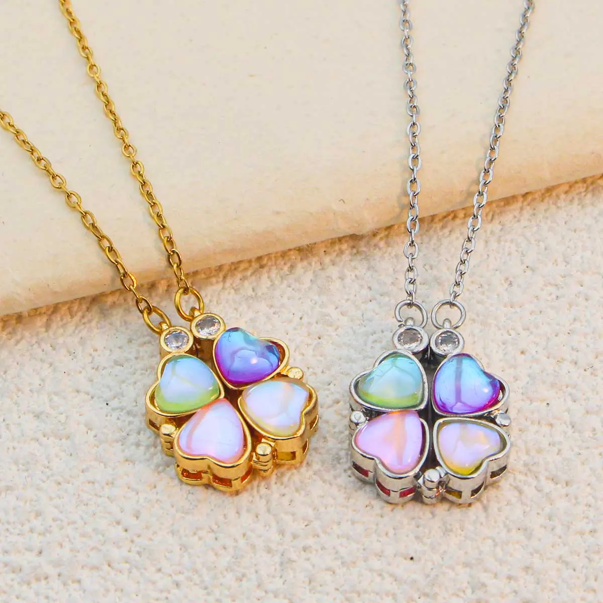 Women's Daily Wear Gold Plated Copper Pendant Necklace Fashion Jewelry with Magnetic Clover and Cubic Zirconia for Women