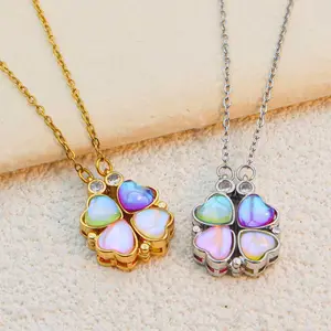 Women's Daily Wear Gold Plated Copper Pendant Necklace Fashion Jewelry With Magnetic Clover And Cubic Zirconia For Women