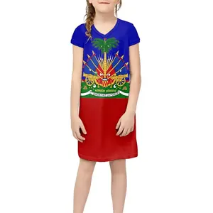 Wholesale Haitian Dress Haiti Flag Promotional Luxury Breathable Summer Kids Clothing for Girls Party Dresses 7-8 years Custom