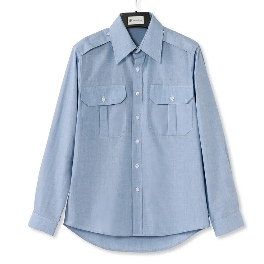 Chemise d'uniforme bleu pour hommes, chemise à manches longues pour adulte, chemise d'uniforme à poche à double poitrine avec épaulettes, chemise formelle
