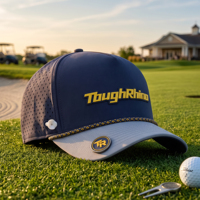 Casquette de golf unisexe 5 panneaux personnalisée avec logo PVC, imperméable, haute performance, avec cordon et support pour tee, certifiée BSCI