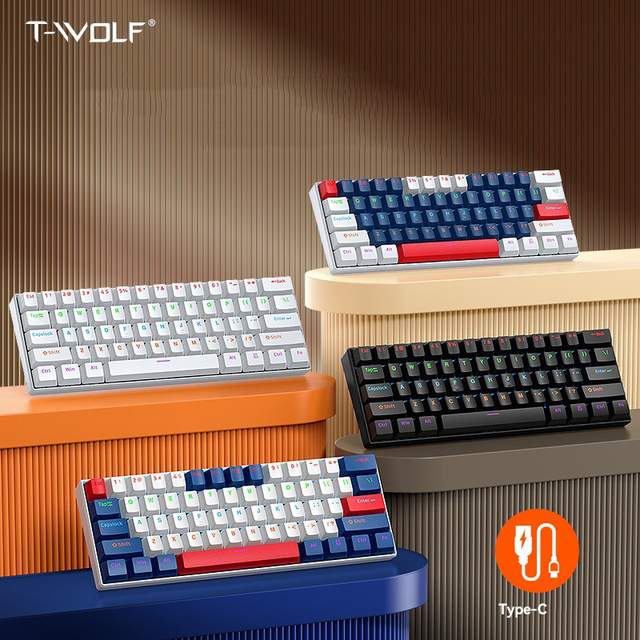 T-WOLF T60 RGB Colorful Mini Gaming Keyboard LED Backlit 63keys Mechanical Keyboard Hotswappable Mechanical Keyboard