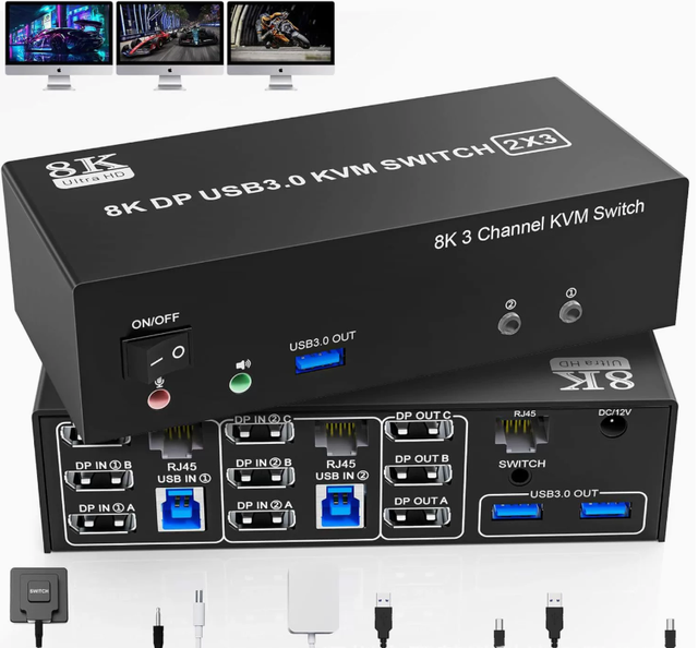 High Definition 2-In-3-Out KVM Switch with Triple Display Support Keyboard/Mouse Network Extension