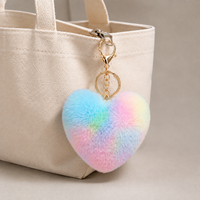 Porte-clés cœur en fausse fourrure de lapin Rex dégradé arc-en-ciel coloré, breloque de sac, pendentif clé en peluche moelleuse, décoration de sac à main