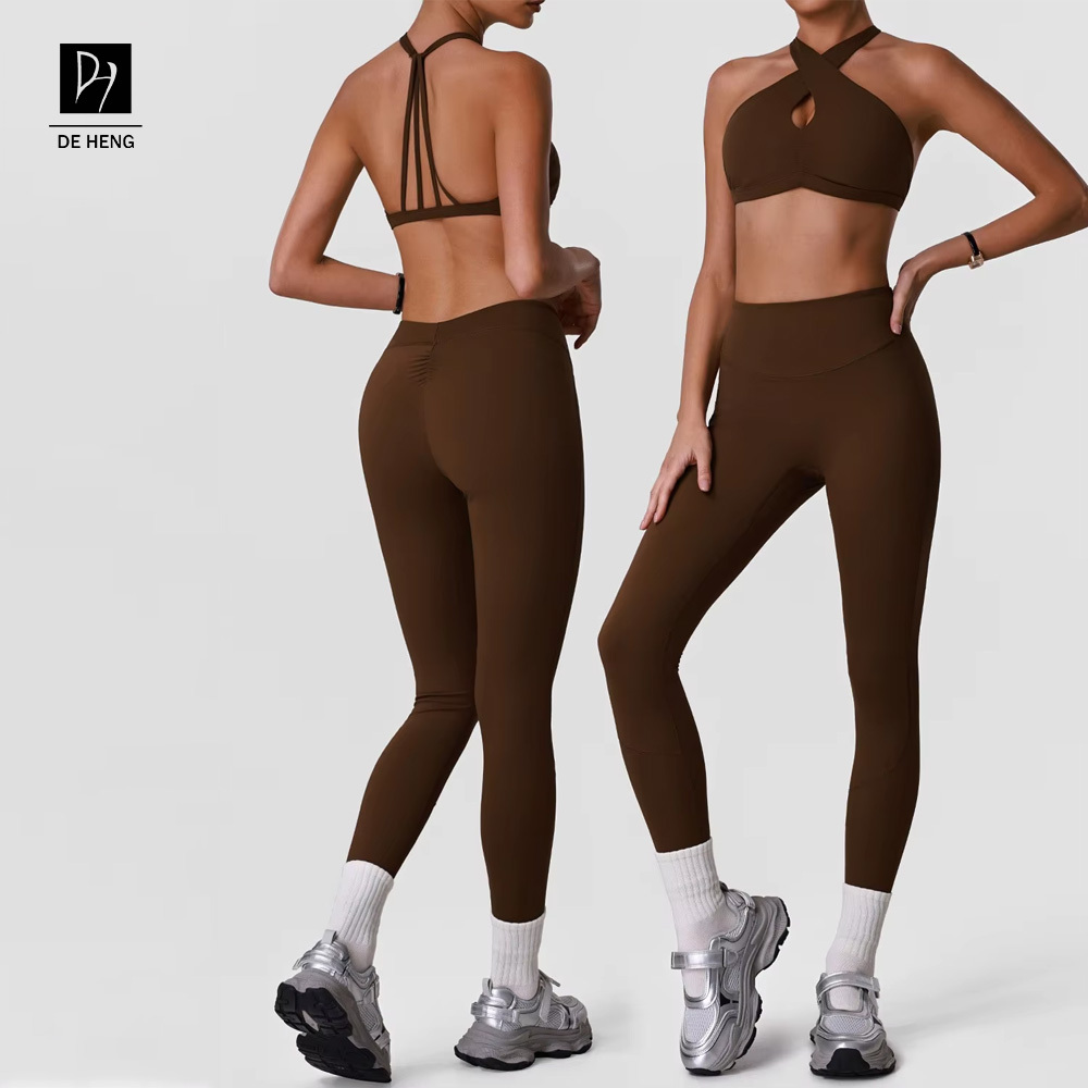 Bare Feel Solid Yoga Pants, High Waist Slim Fit Breathable Spandex & Nylon 2 Piece Set For Women, Outdoor Running & Sports Wear