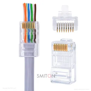 Conectores Cat5e passam através do conector Cat6 através do furo RJ45 conectores de crimpagem