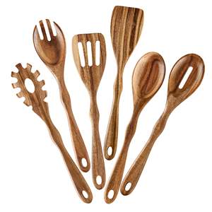Ensemble de cuillères en bois d'acacia haute densité, 6 pièces, matériau antiadhésif de qualité supérieure, design épuré, pratique pour accrocher, robuste, pour la cuisine - Product Image 1