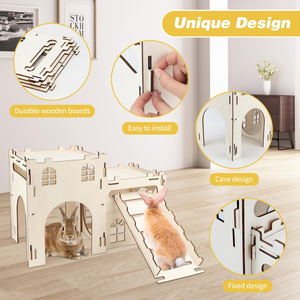 Istana kelinci lembut kayu Hideout Split balkon dalam ruangan multicerita menara panjat tangga berventilasi rumah kokoh untuk anjing kucing - Product Image 3