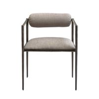 Chaise de salle à manger moderne en métal forgé texture étain avec assise et dossier rembourrés en lin