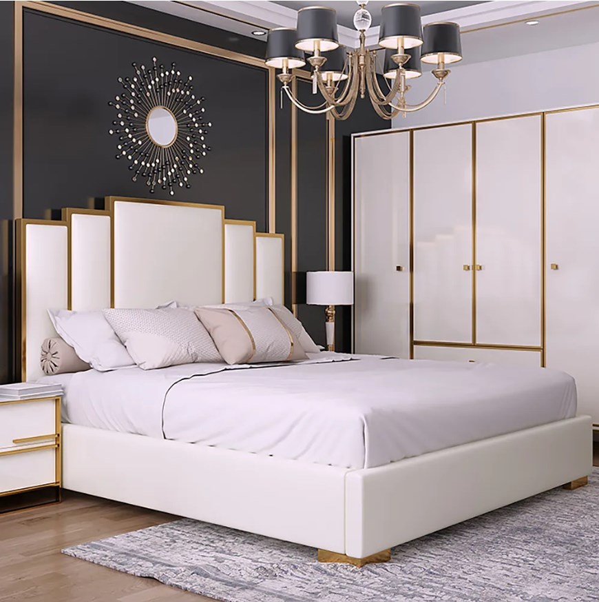 Modern white geometric headboard included faux leather queen upholstered bed