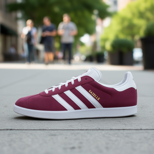 Chaussures de marche Adidas Gazelle pour femme, bordeaux universitaire, blanc, or métallisé, daim, lacets, semelle plate en caoutchouc - Product Image 2