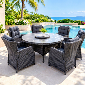 Juego de Mesa y Sillas de Comedor de Mimbre Sintético para Exteriores, Resistente al Agua, con 6 Sillones Acolchados, Muebles de Lujo para Jardín, Patio, Piscina y Parque - Product Image 1