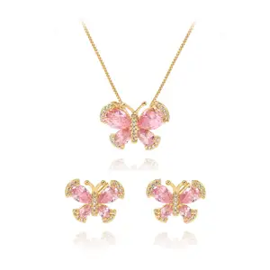 Mode elegante rosa Zirkon Schmetterling Halskette und Ohrringe Schmuck Set Velentins Geschenk für Frauen Mädchen