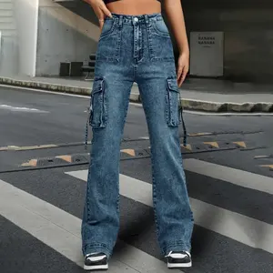 OUDINA 2023 New American Straight Large Pocket Decorative Design Cargo Jeans Femmes Splicing Denim Pants