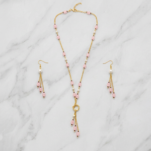Custom Rhodium Plated Imitation Pearl Jewelry Set with Rose Quartz Bead Tassel Drop Lariat Necklace & Earrings for Women - Product Image 4